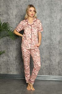 Kadın Gül Kurusu Flower Desen Kısa Kollu Pijama Takımı