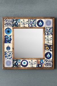 Masif (ahşap) Çerçeveli Mozaik Taş Ayna 33 Cm X 33 Cm Dresuar Üstü Balkon Nazar