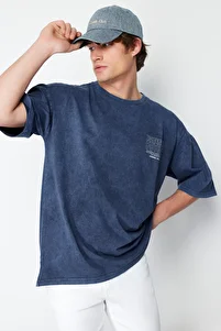 Trendyol Collection-Indigo Oversize/Wide Fit Faded Effect Text Printed 100% Cotton T-Shirt Tmnss24Ts00043 3