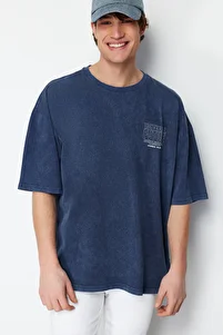 Trendyol Collection-Indigo Oversize/Wide Fit Faded Effect Text Printed 100% Cotton T-Shirt Tmnss24Ts00043 2