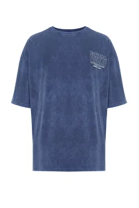 Trendyol Collection-Indigo Oversize/Wide Fit Faded Effect Text Printed 100% Cotton T-Shirt Tmnss24Ts00043 8