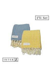 2'li Set Peştemal Plaj Havlusu , %100 Pamuk , Xxl 100x180cm, Marmaris, Bal Sarısı-mavi