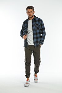 Blah-Indigo Lumberjack Men's Shirt - Double Pocket, Checkered Thick Plaid, Oversize Shacket 4