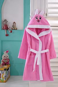 Unisex Çocuk Pembe Kapüşonlu Nakışlı Bornoz