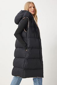 Happiness İstanbul-Women's Black Biscuit Double Sided Hooded Long Puffer Vest RV00011 5