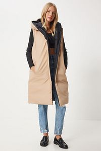 Happiness İstanbul-Women's Black Biscuit Double Sided Hooded Long Puffer Vest RV00011 6