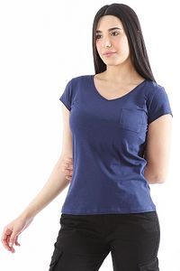 Kadın V Yaka Pamuklu Indigo T-shirt