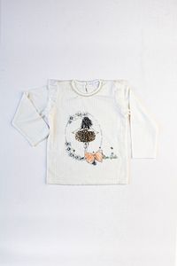 Önü Baskılı Yakası Inci Detaylı Uzun Kollu Şık Tshirt