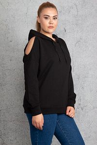 Kadın Siyah Kapşonlu Omuz Dekolteli Sweatshirt