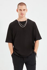 Siyah Erkek Oversize Bisiklet Yaka Baskılı Kısa Kollu T-Shirt TMNSS21TS1223