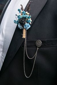 Mavi Kuru Çiçek Damat Yaka Çiçeği Ve Ceket Zinciri