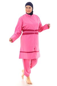 Kadın Pembe Büyük Beden Şeritli Tam Tesettür Mayo