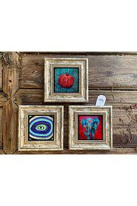 Çerçeveli Taş Duvar Dekoru Tablo 3'lü Set 20x20cm Nazar Göz Fil Nar Tablosu
