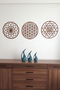 Yaşam Çiçeği Sri Yantra Ve Torus 3'lü Set Kahverengi Duvar Tablosu