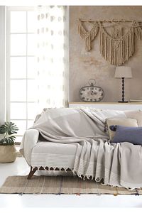 Bergama Bej Buldan Koltuk Örtüsü 170 X 210 Cm Koltuk Şalı Kanepe Çekyat Örtüsü Pamuklu Throw