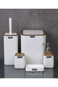 Ahşap Desenli Çizgili Banyo Seti - Beyaz 5'li