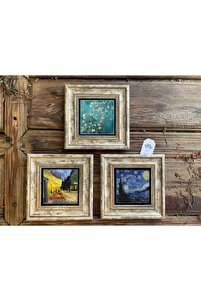 Çerçeveli Taş Duvar Dekoru Tablo 3'lü Set 20x20cm Vincent Van Gogh Yıldızlı Gece