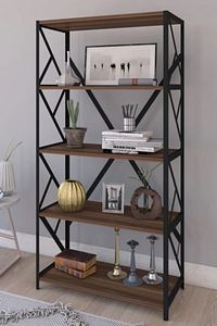 Metal Kitaplık 5 Raflı Kitaplık Dosya Kitap Rafı Ofis Ev Rafı Kitap Raf Ceviz Kr543