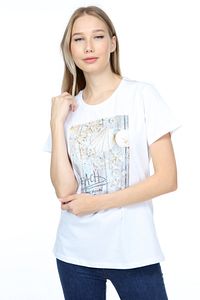Kadın Beyaz Deniz Kabuğu Baskılı İnce Detaylı Boncuk ve Taş İşlemeli Pamuklu Örme T-shirt