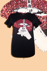 Kadın Siyah Shut Up Taşlı Baskılı Ince Detaylı Boncuk Ve Taş Işlemeli Pamuklu Örme T-shirt