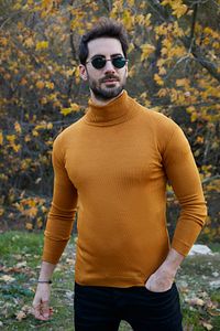 Erkek Hardal Sarısı Balıkçı Yaka Slim Fit Triko Kazak 549T006