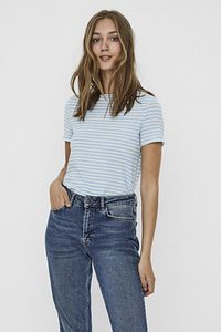 Kadın Beyaz Çizgili Ribli Kısa Kollu Örme T-Shirt 10227505 VMKIRI