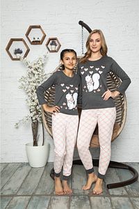 Kadın Füme Sincap Kalp Desenli Anne Kız Pijama Takımı