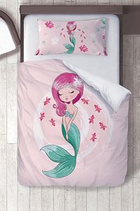 Unisex Çocuk Pembe Pamuk Saten Deniz Kızı Nevresim Takımı
