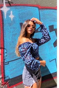Kadın Desenli Crop Top Bluz Mavi