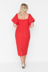 Trendyol Curve-Rotes, körperbetontes, trägerloses, gewebtes Kleid mit Ballonärmeln TBBSS22AH00040 5