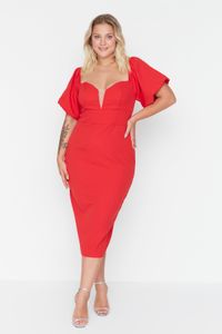 Trendyol Curve-Rotes, körperbetontes, trägerloses, gewebtes Kleid mit Ballonärmeln TBBSS22AH00040 1