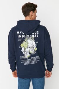 Trendyol Collection-Marineblaues, übergroßes/weit geschnittenes Kapuzen-Sweatshirt aus Fleece mit Blumenmuster TMNAW23SW00020 5