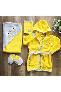 Unisex Bebek Sarı Civciv Bornoz Havlu Takımı