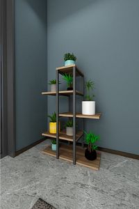 Ahşap Saksı Standı Metal Profil Saksılık Çiçek Rafı Metal Iskelet + Ahşap Raflar Dekoratif 5 Raflı