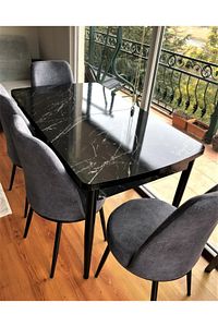 Açılabilir Yemek Masası Takımı Siyah Mermer Desen Masa 4 Adet Sandalye