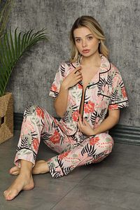 Kadın Ekru Çiçek Desen Düğmeli Kısa Kol Pijama Takımı