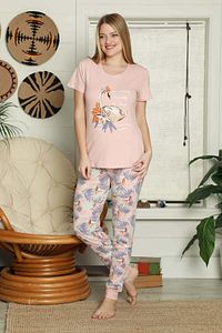 Kadın Pudra Kısa Kollu Kuğulu Pijama Takımı