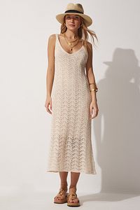 Happiness İstanbul-Women's Cream Strap Openwork Summer Knitwear Dress NF00044 3