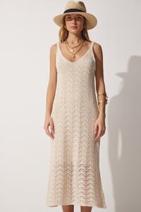 Happiness İstanbul-Women's Cream Strap Openwork Summer Knitwear Dress NF00044 4