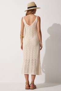Happiness İstanbul-Women's Cream Strap Openwork Summer Knitwear Dress NF00044 5