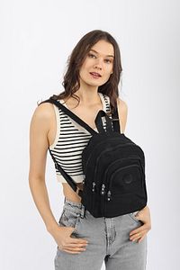 Aynı Butikte 2. Ürün 1 TL Siyah Unisex Krinkıl Kumaş Çok Bölmeli Sırt Çantası