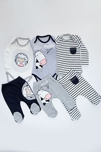 Erkek Bebek Beyaz Kuzu İnek Desenli 6 Parça 3 Set Çıtçıtlı Takım