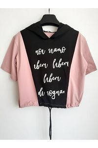 Kız Çocuk Pudra Siyah Oversize Kapüşonlu Tshirt