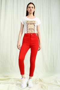 Kadın Kırmızı Yüksek Bel Skinny Kadın Pantolon