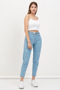 Kadın Mavi Kemerli Mom Jean