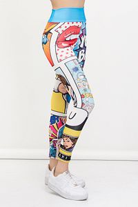 Kadın Mavi Yüksek Bel Pop Art Desenli Sporcu Tayt