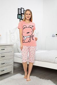Kadın Pembe Pamuklu Ayıcık Baskılı Kısa Kollu Kaprili Pijama Takımı