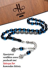925 Ayar Gümüş Harfli 7x11mm Gece Mavisi Sürmeli Kehribar Tesbih