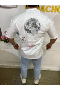 Unisex Beyaz Moon Baskı Oversize Tshirt