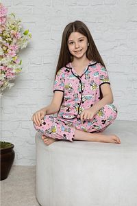 Pembe Kız Çocuk Minnie Dijital Baskılı Düğmeli Pijama Takım